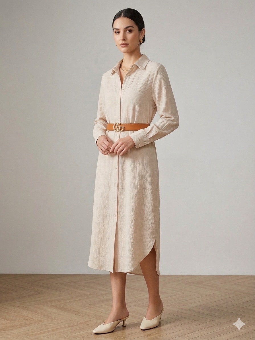 Robe-chemise midi beige crème – Coupe fluide & élégante (Taille M)