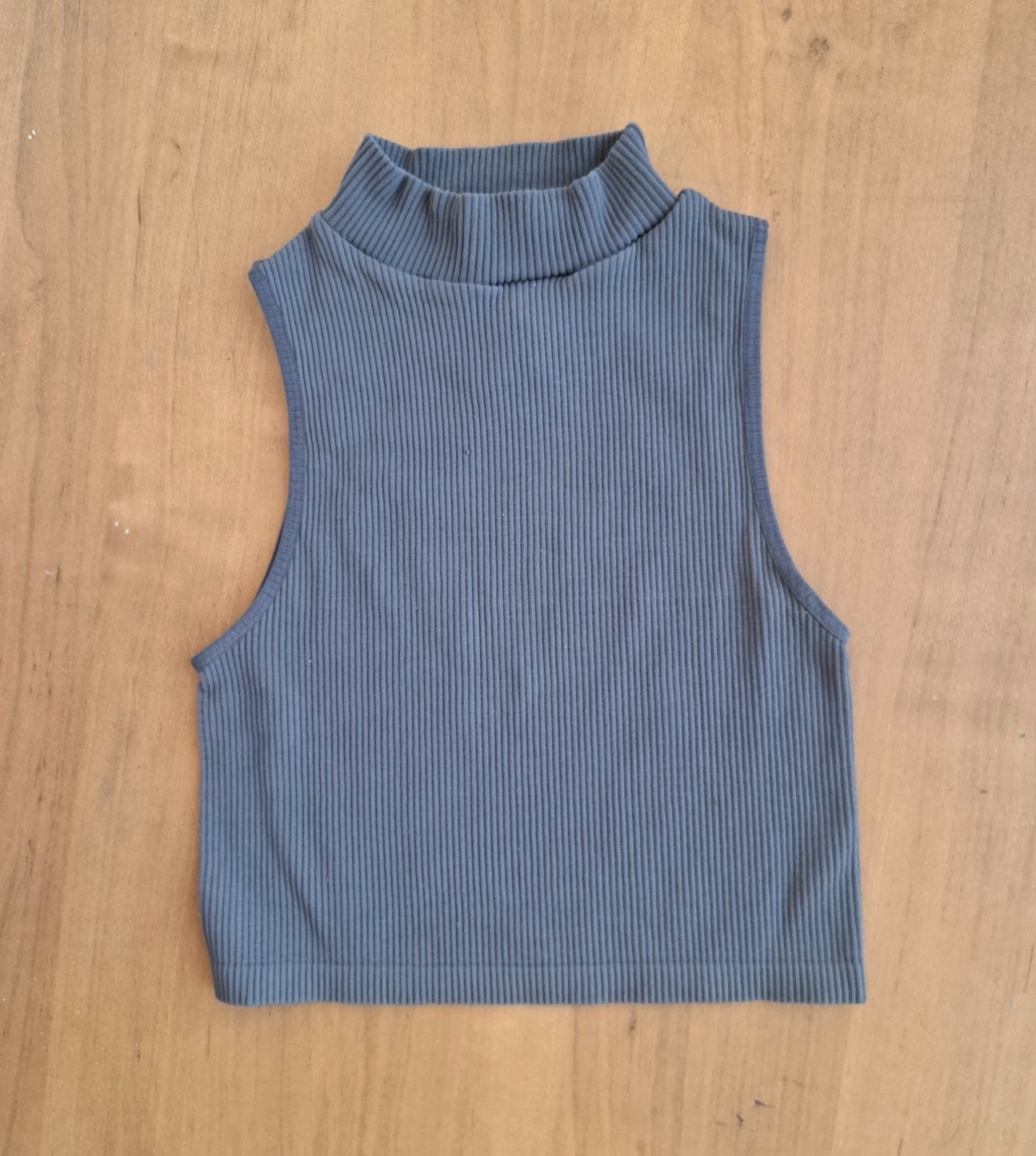 Crop Top ZARA Côtelé Col Montant - Gris Bleuté