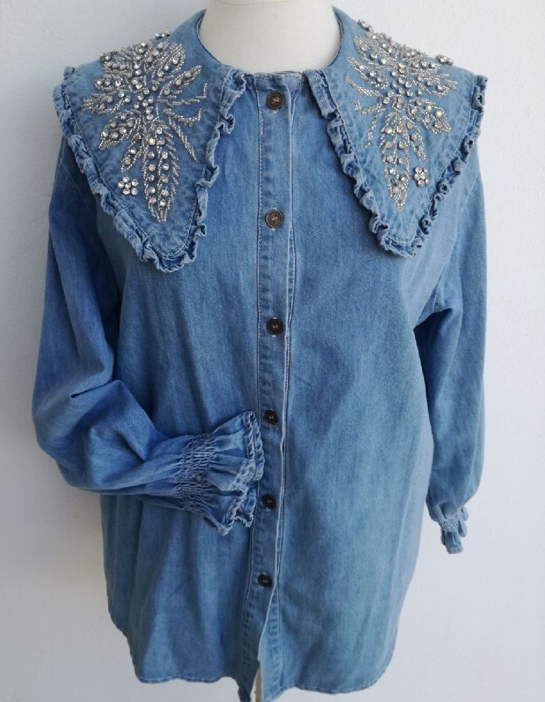 chemise jeans col brodée