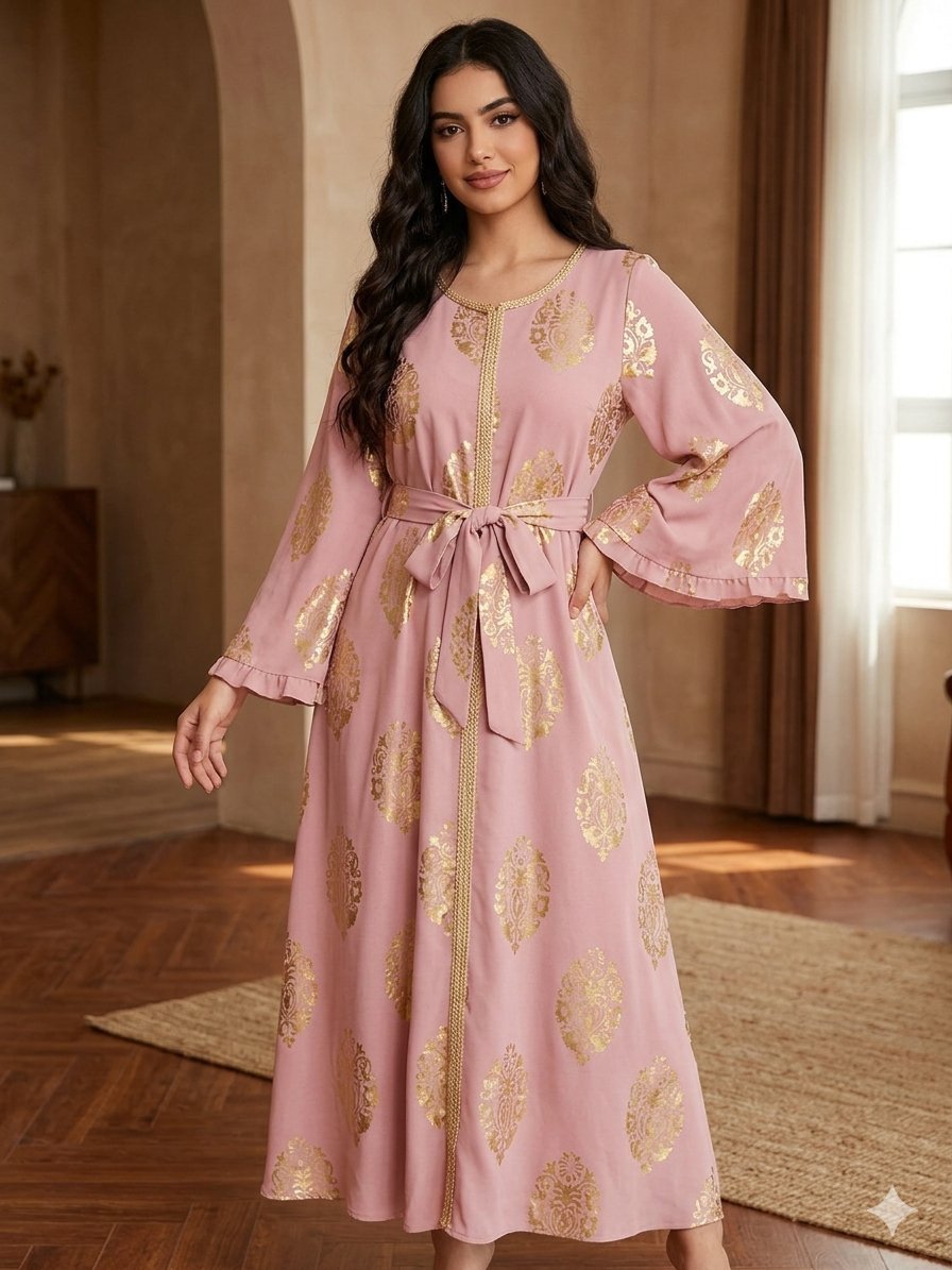 Robe shein style caftan rose et doré taille s