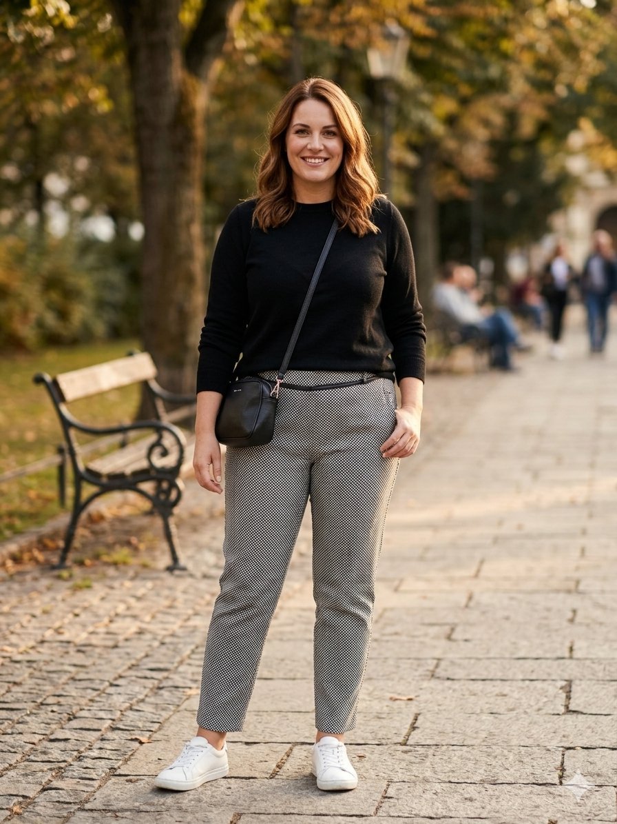 Pantalon leggings petit carreaux à motif géométrique noir et blanc taille 46