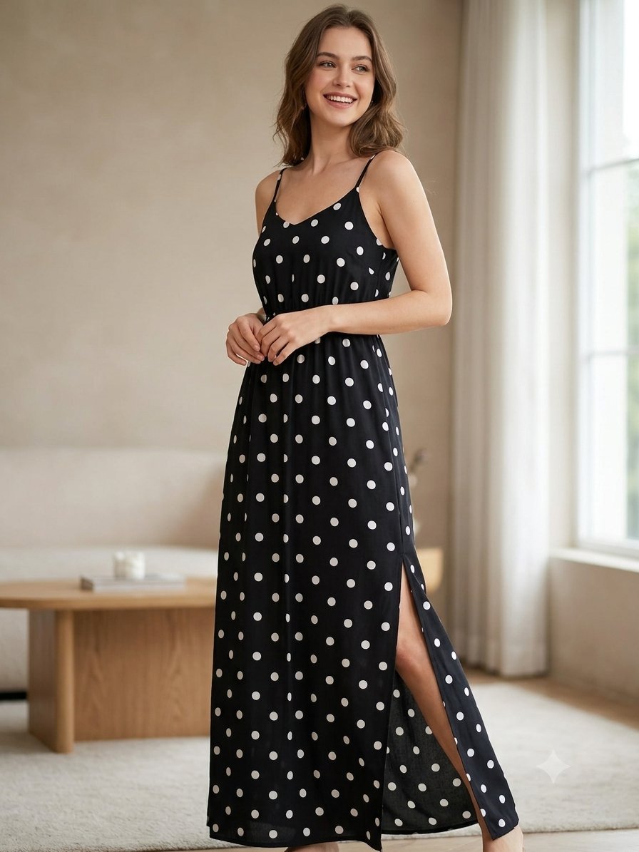 Robe longue noire à pois blancs de la marque h&m est dotée de fines bretelles et d'une fente latérale pour un look bohème minimaliste taille 32