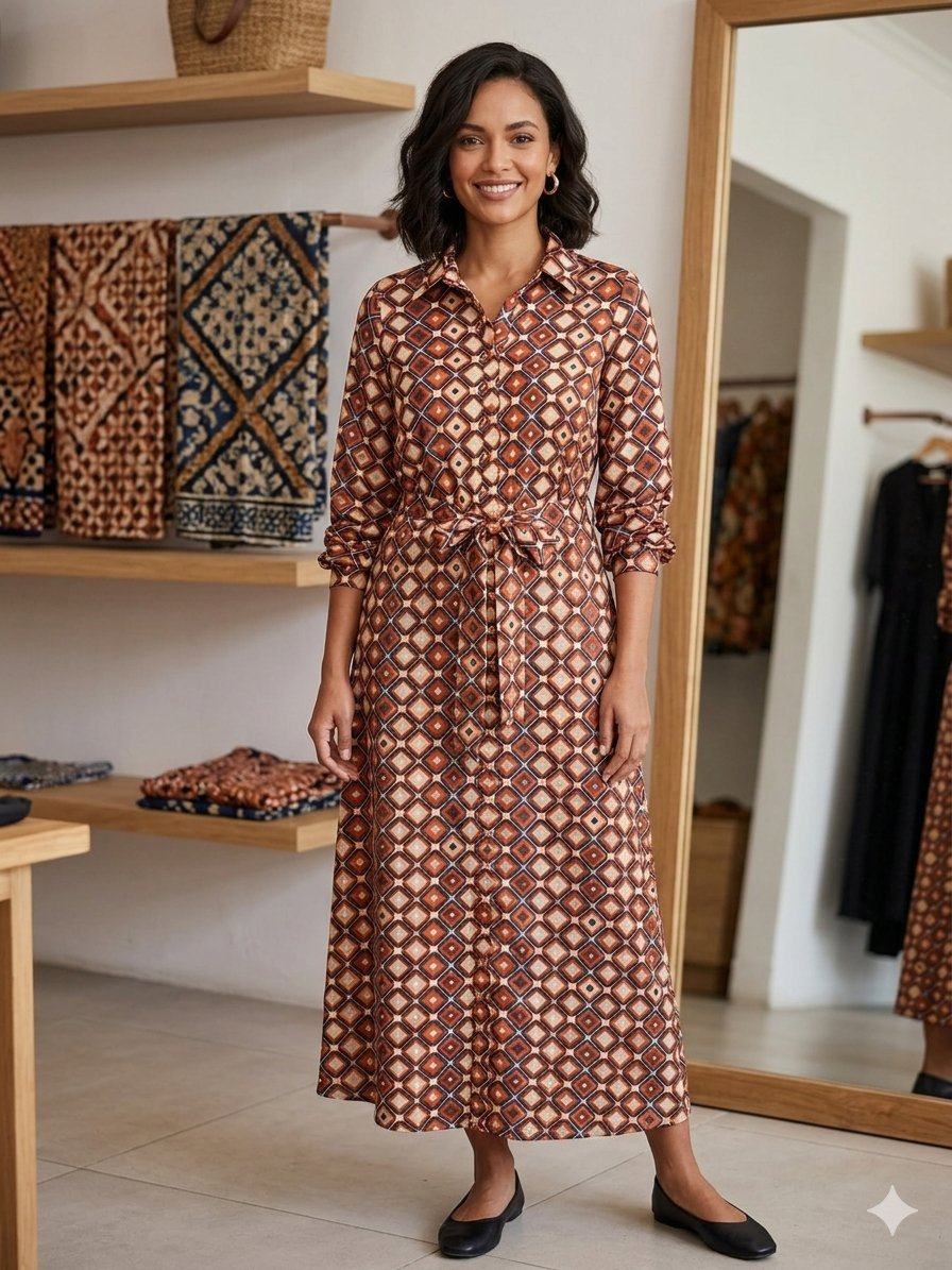 Une robe chemisier mi-longue marron La Petite Étoile Kamo en polyester à manches longues avec un motif géométrique distinctif et une ceinture taille M