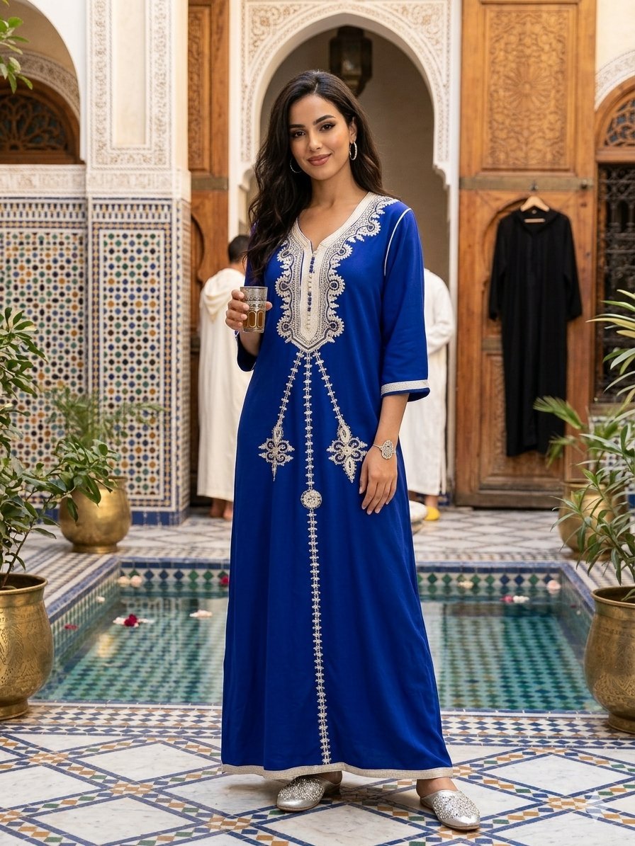 Robe style caftan marocain bleu royal avec des broderies blanches et dorées taille xl