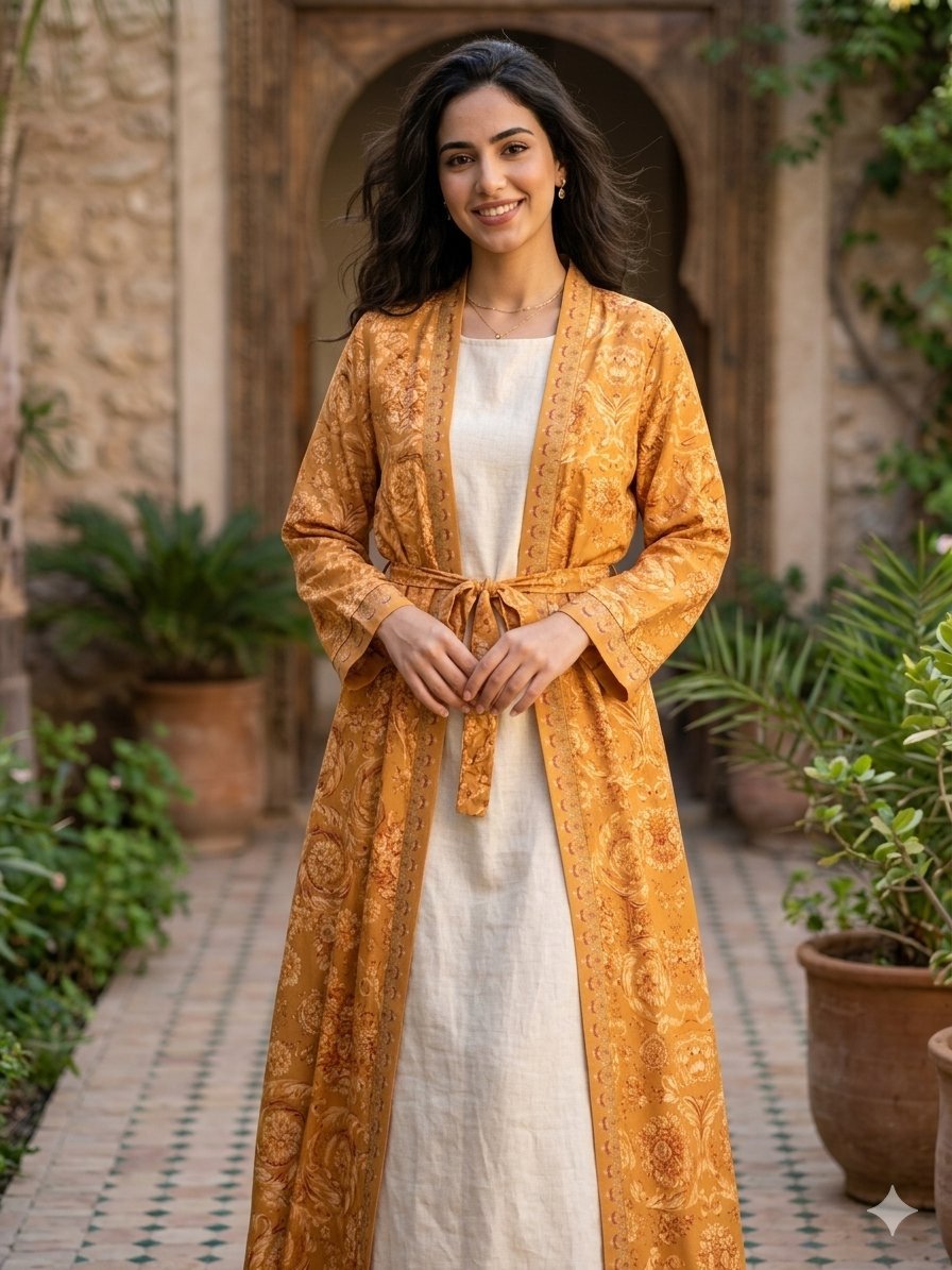 Kimono ou une abaya style versace ouverte de couleur ocre/jaune moutarde avec un motif floral baroque, potentiellement en coton ou en mélange de tissus taille L