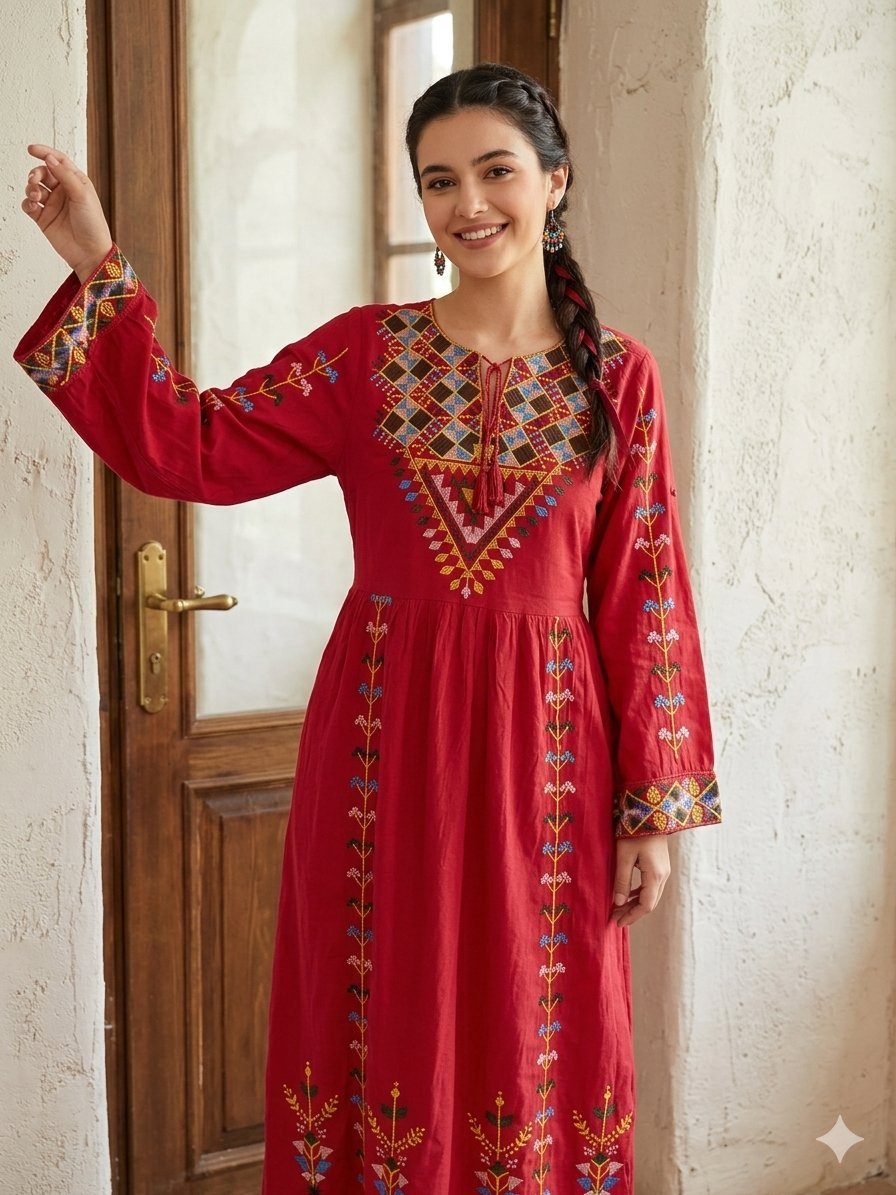 Une robe longue rouge avec des broderies colorées taille L