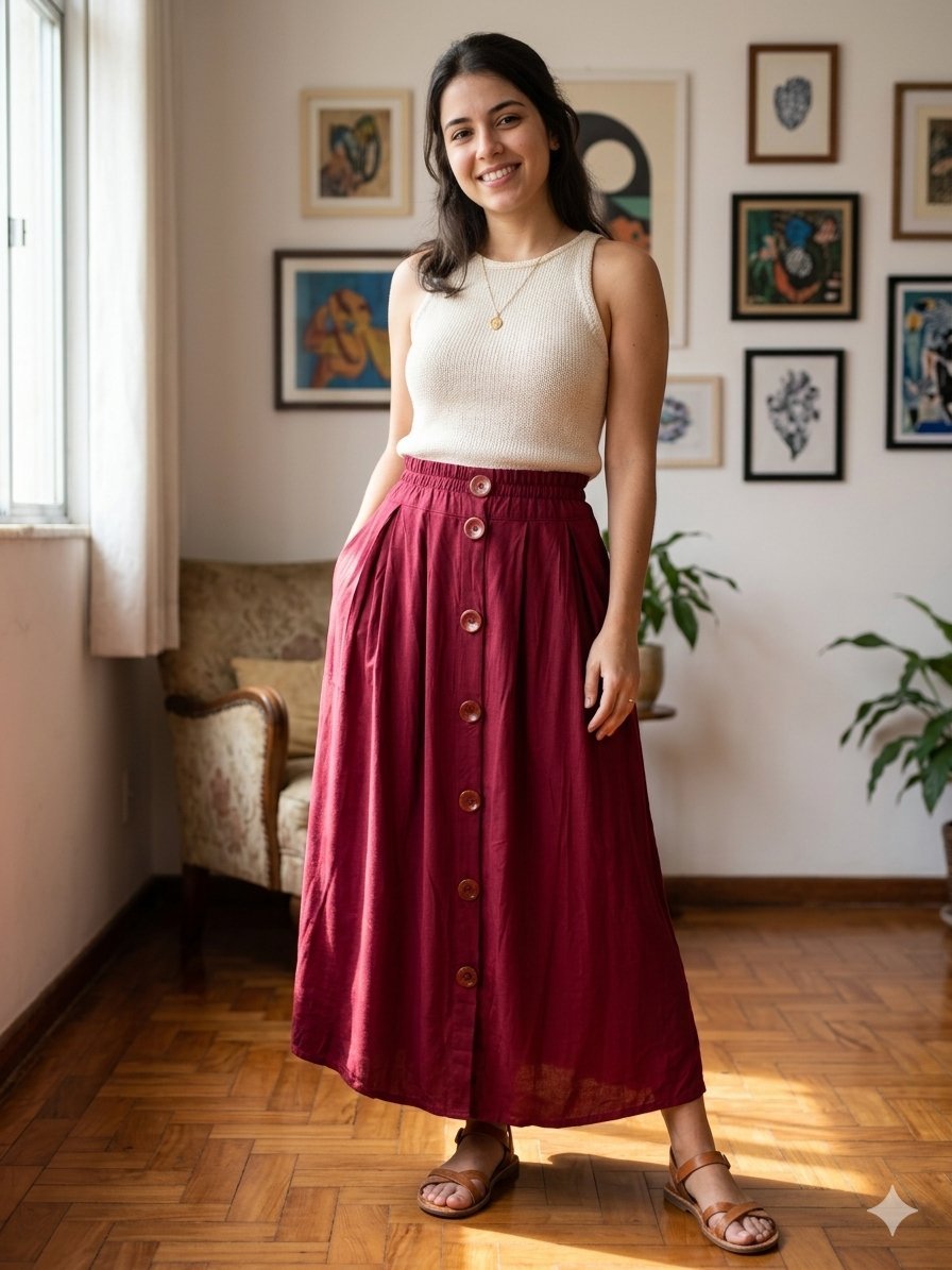 Une jupe longue boutonnée de couleur bordeaux taille unique 