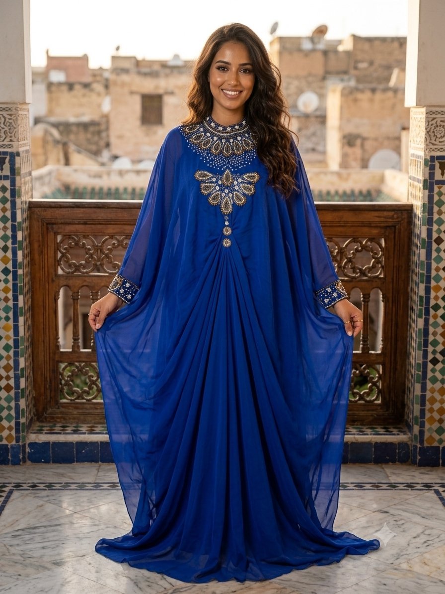 Abaya caftan de couleur bleu roi caractérisée par une coupe ample et fluide en mousseline. Elle se distingue par un col haut orné de broderies complexes, des détails de strass et de perles sur le buste, ainsi que des poignets assortis taille unique 