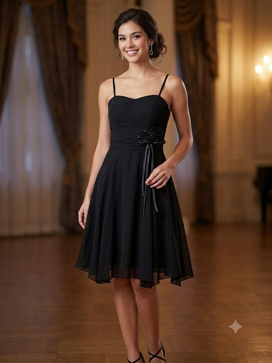Robe de cocktail noire taille 40 en mousseline avec un décolleté en cœur et un nœud décoratif à la taille 