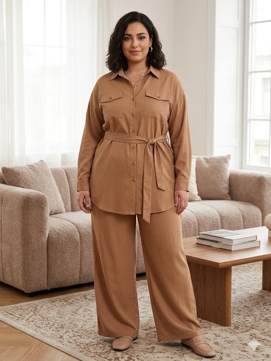 Ensemble camel pantalon et chemise avec ceinture taille 44 