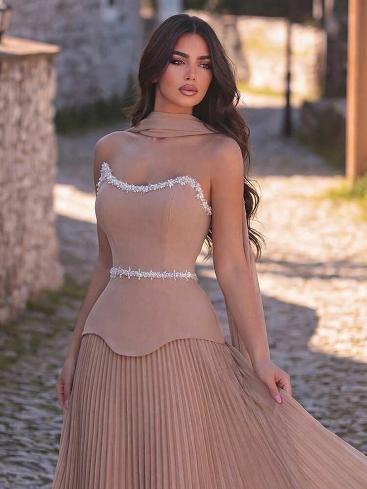 Robe soirée camel avec écharpe shein faeriesty taille xl neufs avec étiquettes 