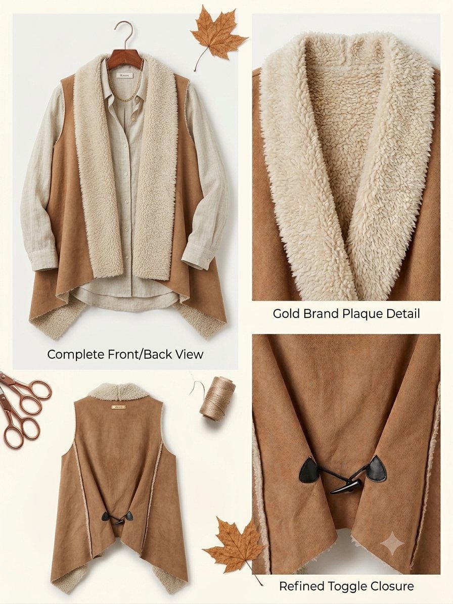Gilet sans manches réversible en fausse fourrure style mouton - Camel/Crème
