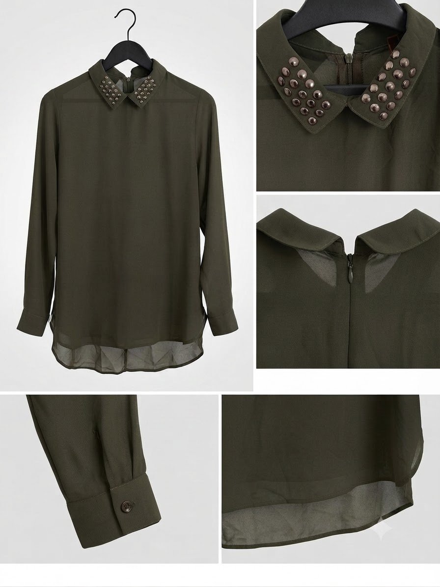 Blouse vert olive transparente avec col orné de clous