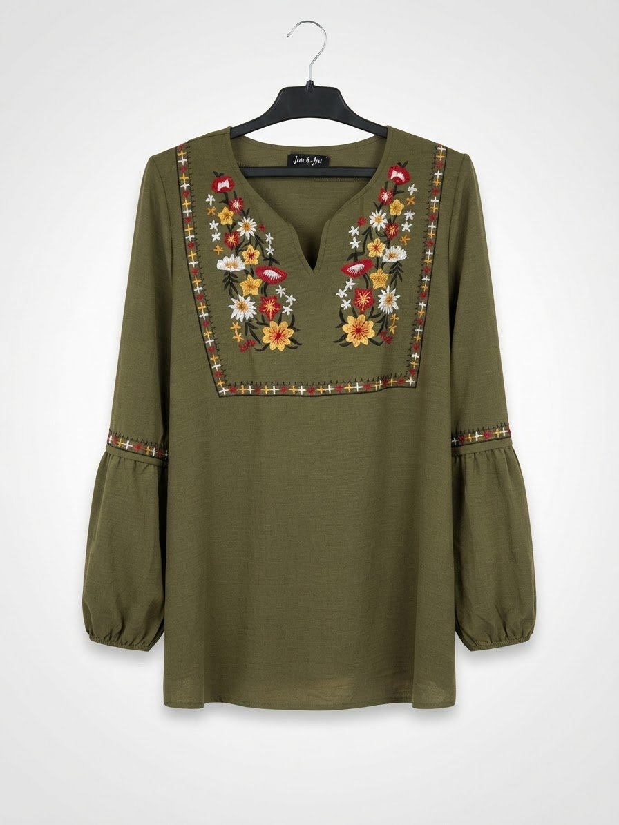 Blouse  vert à broderies florales