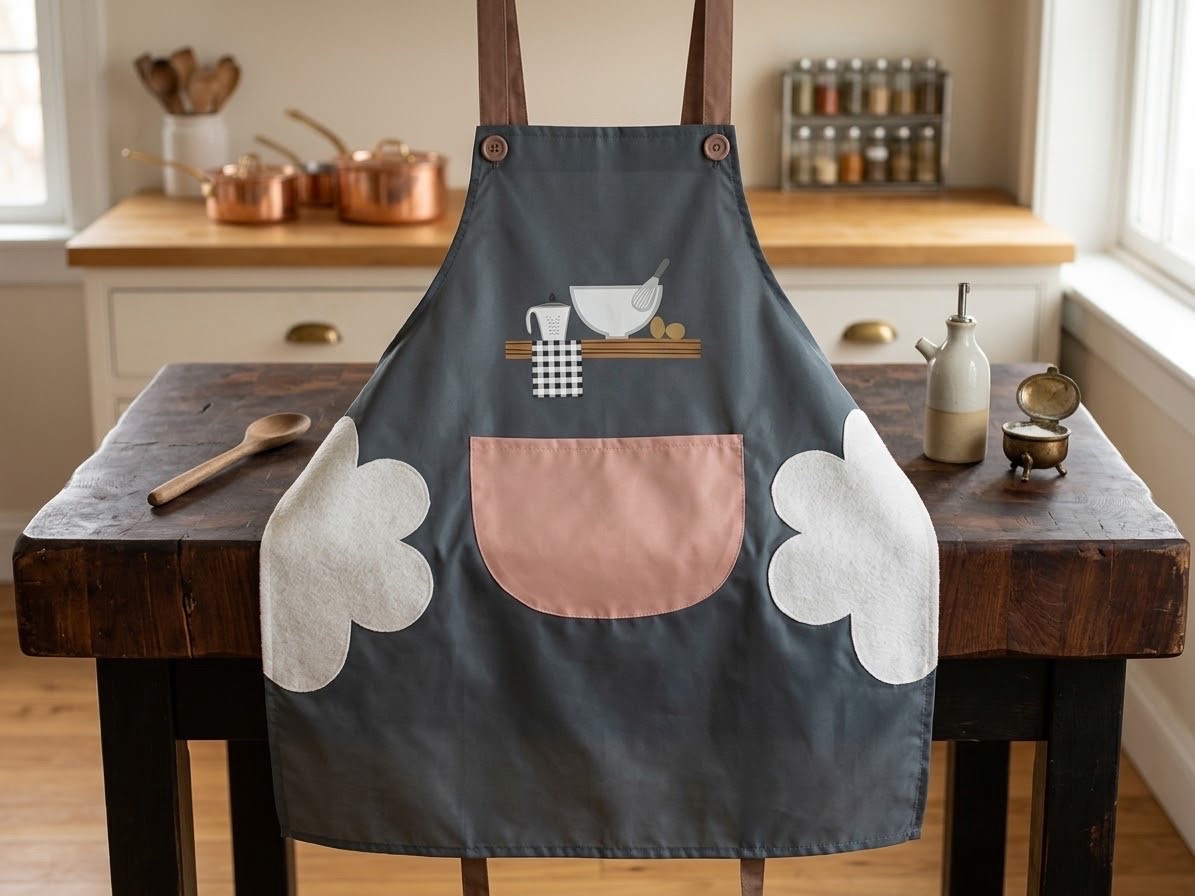 Tablier de cuisine gris et rose - Motif pâtisserie