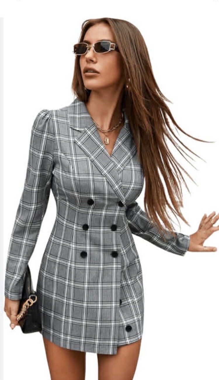 Robe  blazer décontractée a carreaux SHEIN double boutonnage 