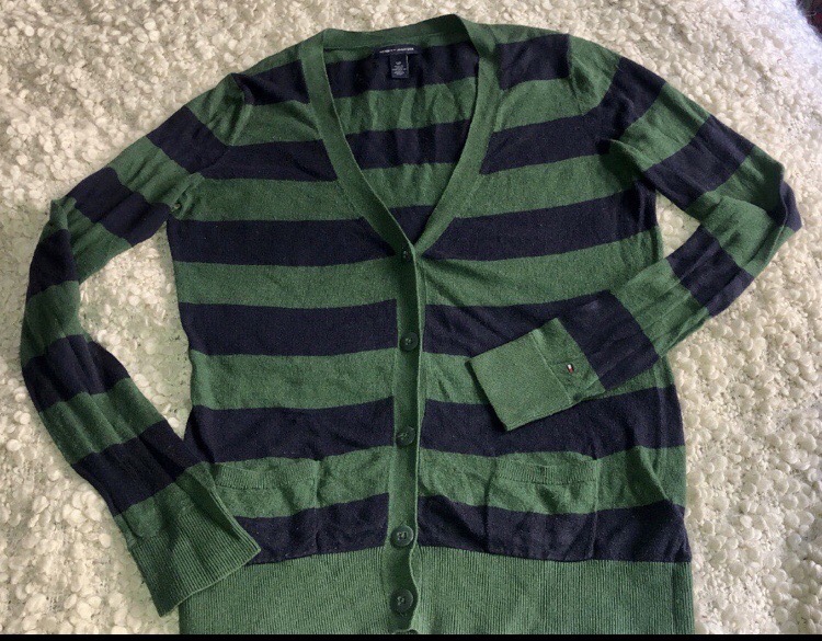  cardigan Tommy taille S vert reyure bleu 