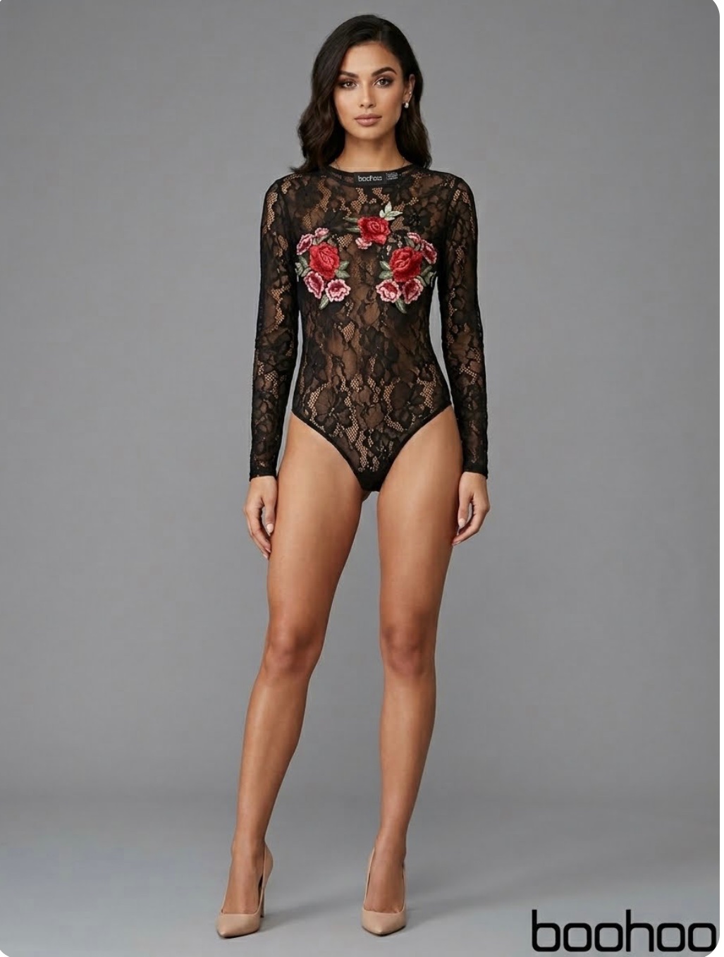 Body en dentelle noire avec broderies fleurs  taille 42 (Boohoo)