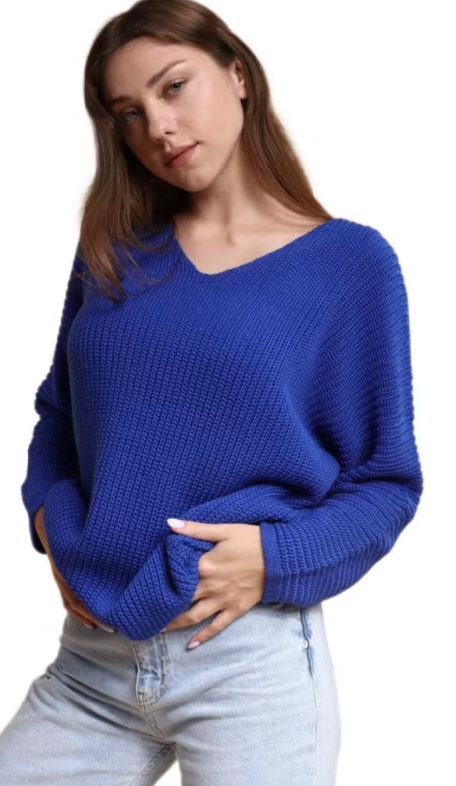 Pull bleu électrique femme avec une coupe décontractée (oversize) col V 