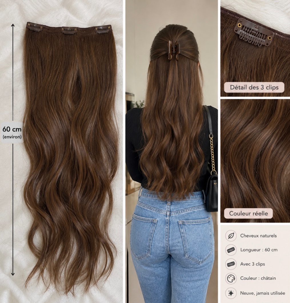 Extension cheveux naturels – 60 cm Neuve, jamais utilisée Avec 3 clips Couleur châtain