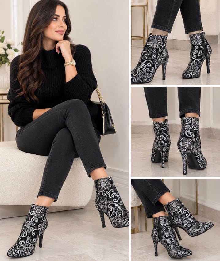 Bouttine pour femme en cuir velouté et velours noirs brodés de fleurs avec des sequins argentés pointure 36 