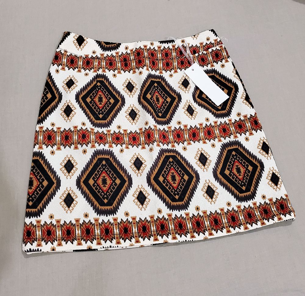 Embroidered tribal print linen skirt