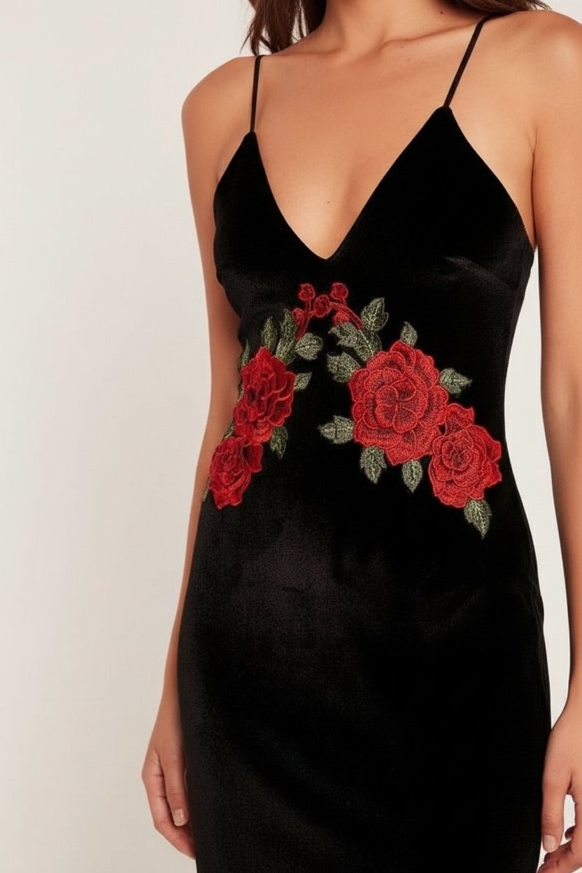 Robe daim brodée fleur rouge