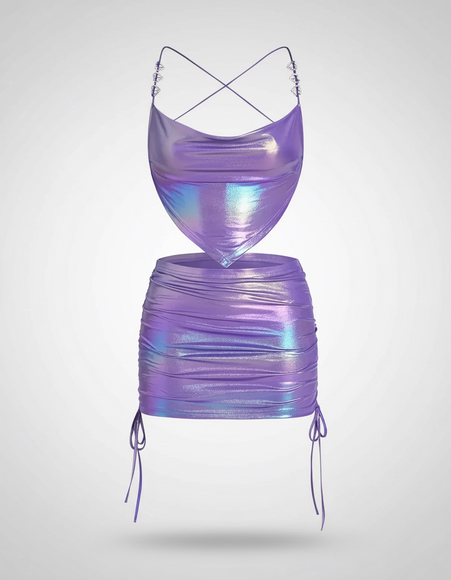 Ensemble Y2K 2 pièces métallisé violet/irisé – NEUF ✨