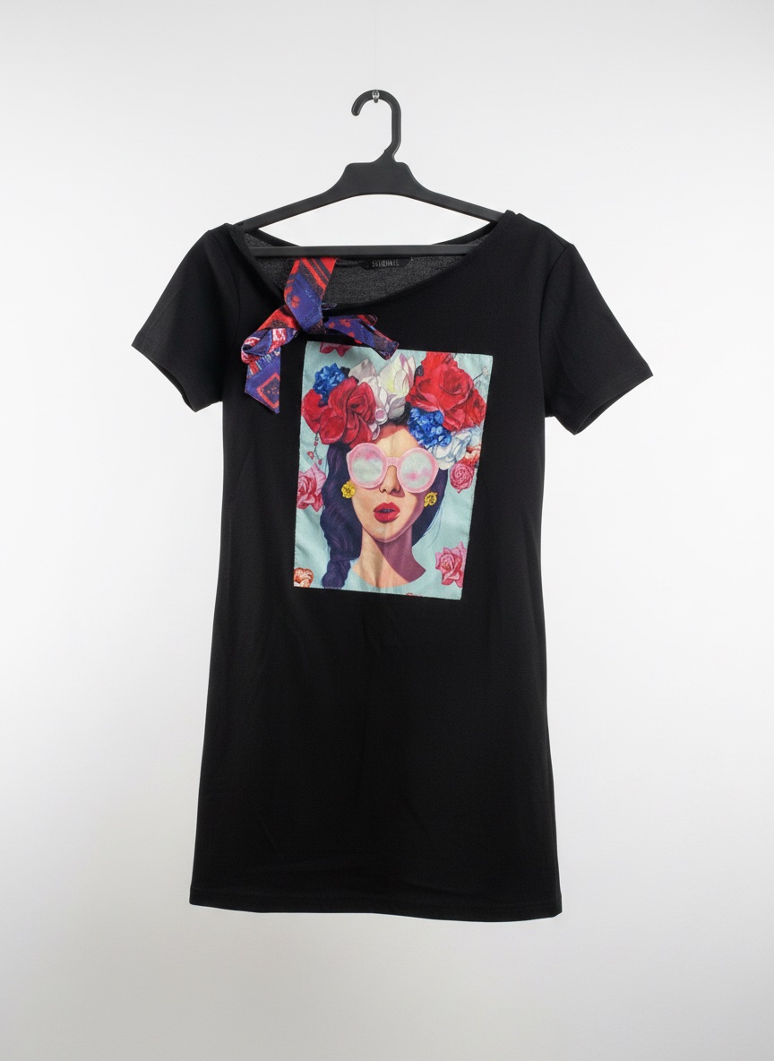 Robe noire simple avec un motif multicolore.