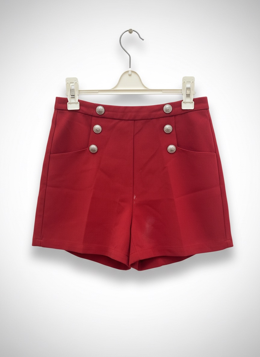 Short rouge et beige avec trois boutons.