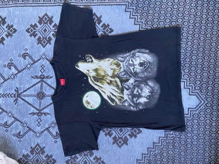 Vintage Y2K Wolf Animal T Shirt Mens Medium Black Double Sided Graphic Faded Tee