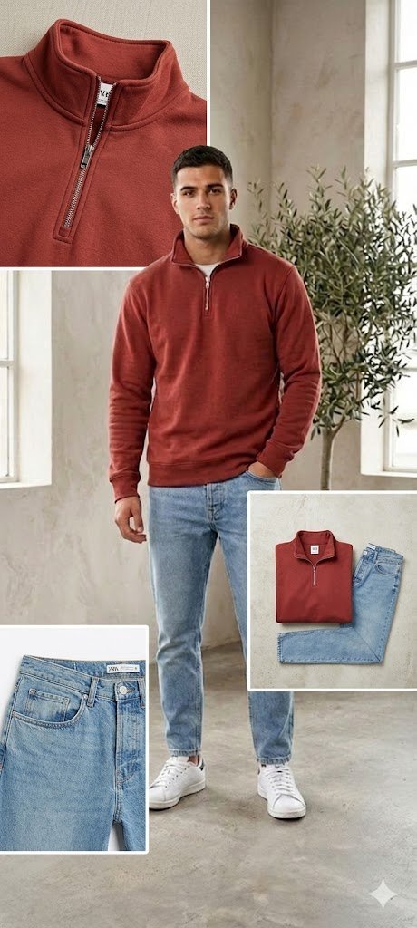 Un sweat-shirt à col montant et fermeture éclair courte (Quarter-Zip Sweatshirt), un pantalon jeans boyfriend lavé clair (Light Wash Boyfriend Jeans)😍😍