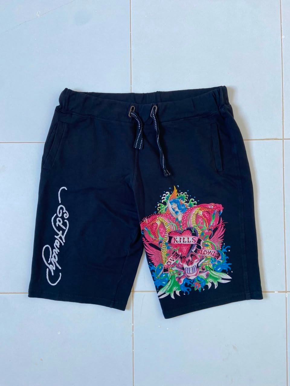 Short de jogging noir Ed Hardy de style vintage Y2K