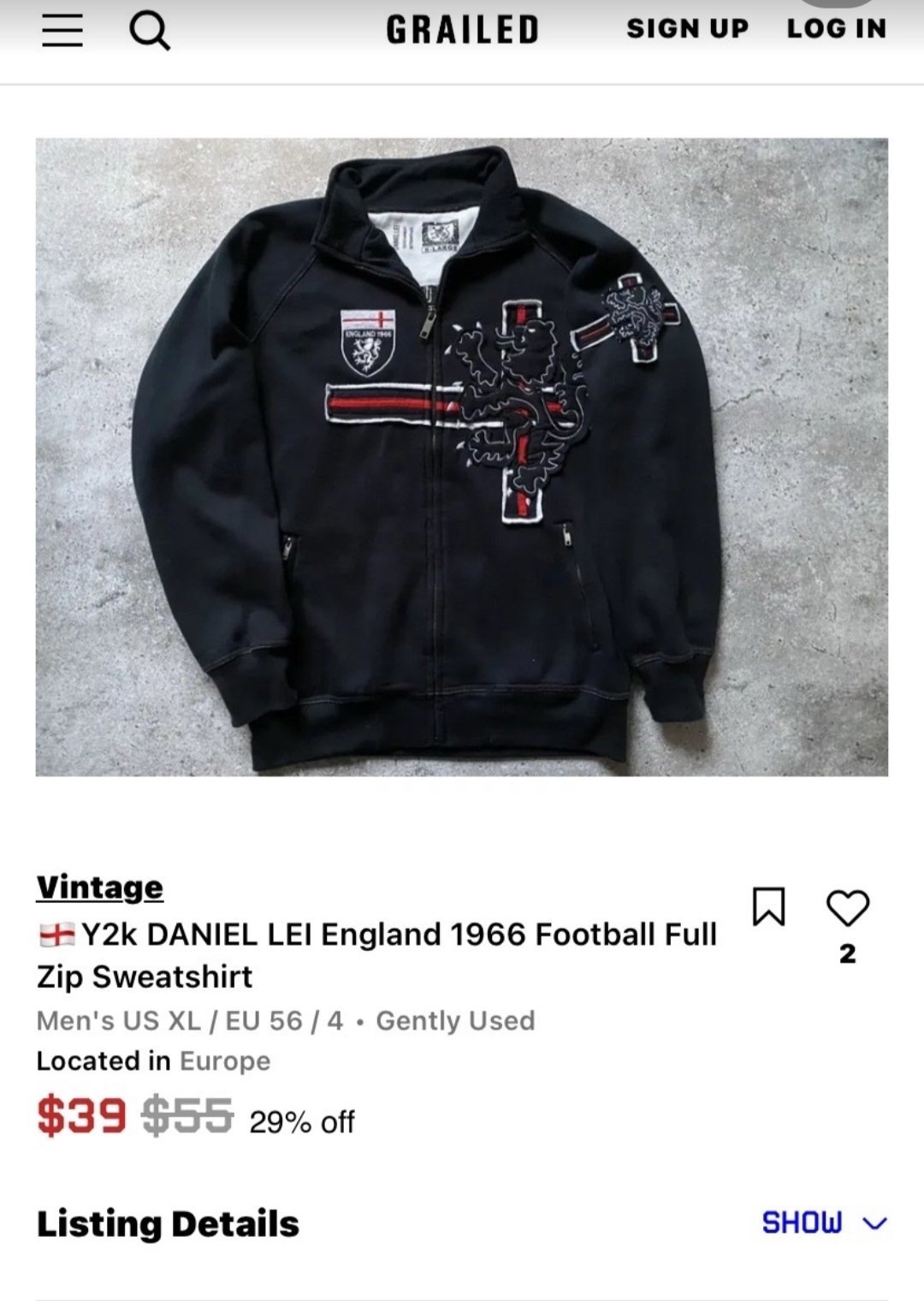 Vintage DANIEL LEI England 1966 Football Full Zip Sweatshirt