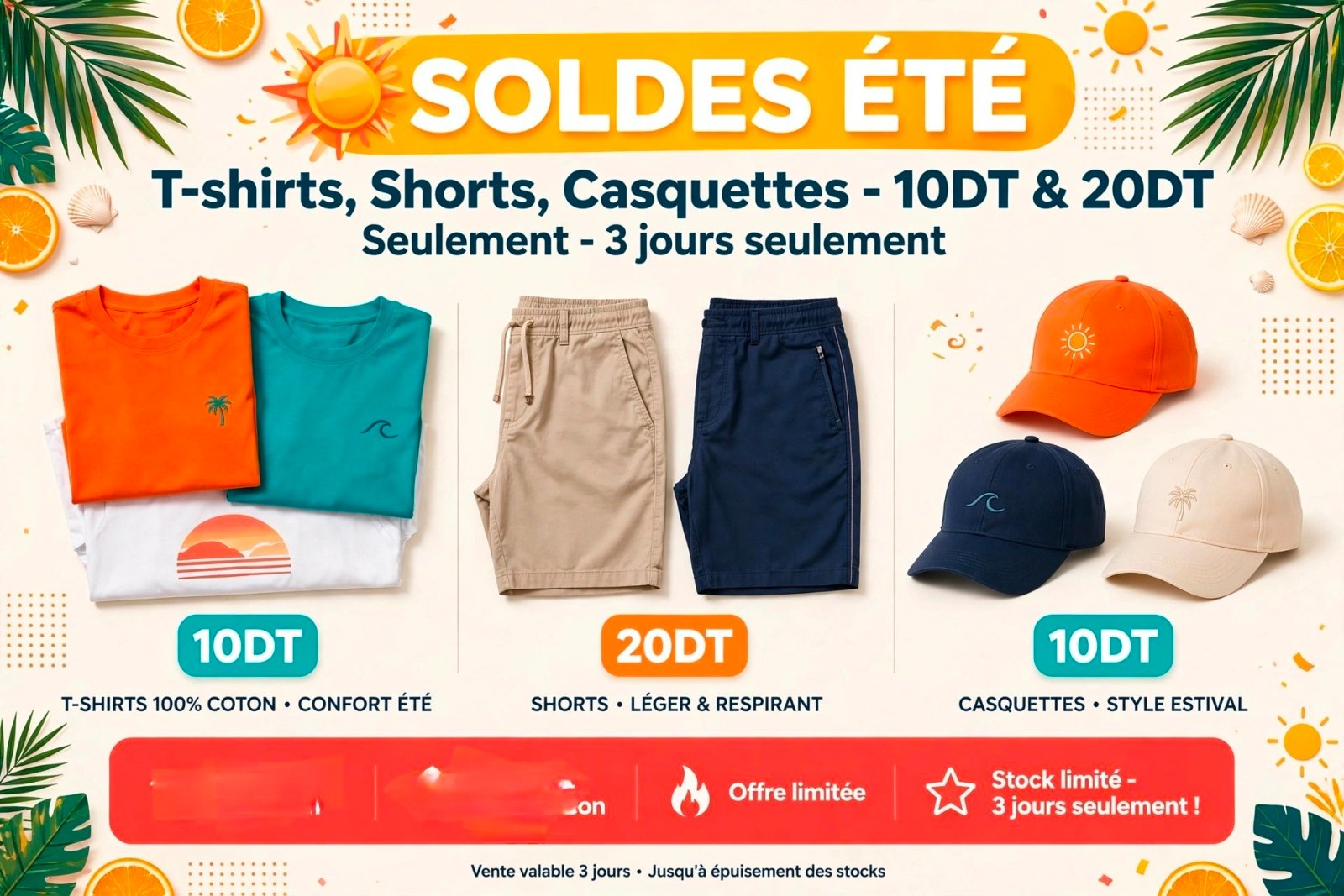 Remise sur t-shirts, shorts et casquettes Prix à 10 et 20 dinars