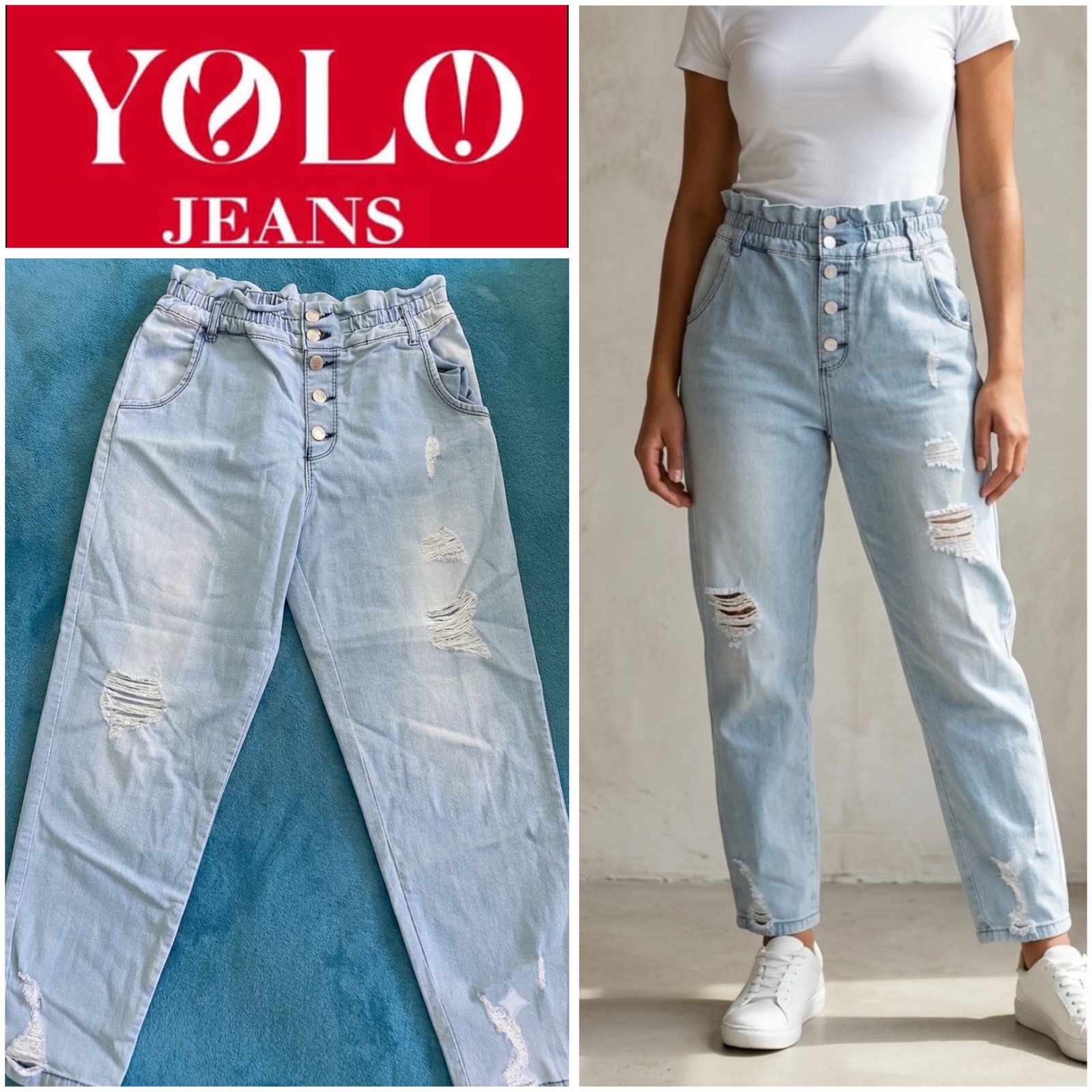 Jean Yolo jeans paperbag bleu clair avec boutons