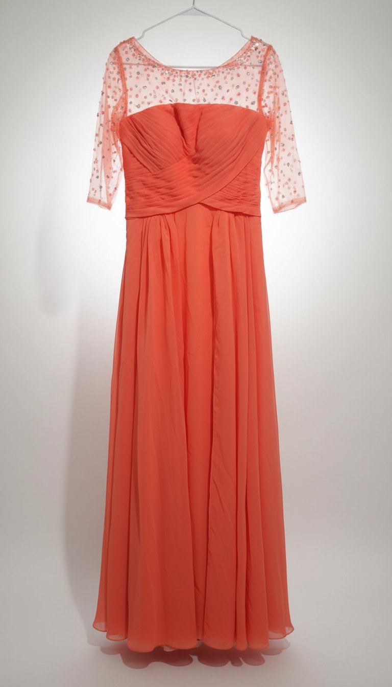 Magnifique robe de soirée corail avec strass et perles
