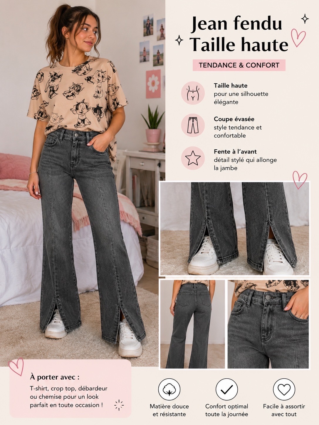 ✨ Jean gris taille haute fendu – Coupe évasée tendance