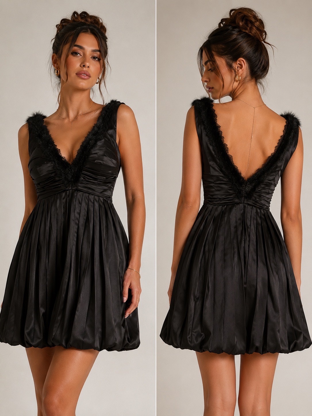 Elegant Black Satin Bubble Mini Dress with Faux Fur Trim