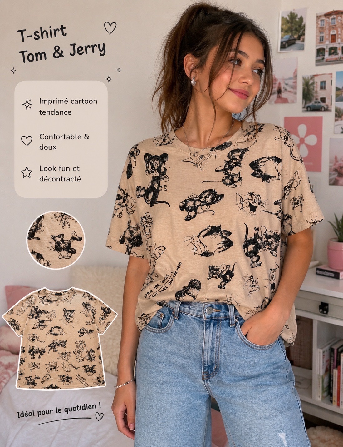 🌸 T-shirt imprimé Tom & Jerry – Style fun pour ado
