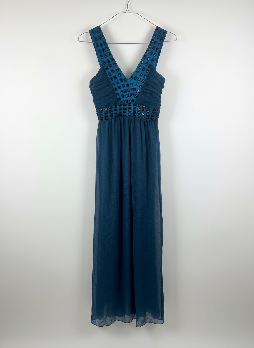 Magnifique robe longue de soirée bleu pétrole ornée de strass taille S