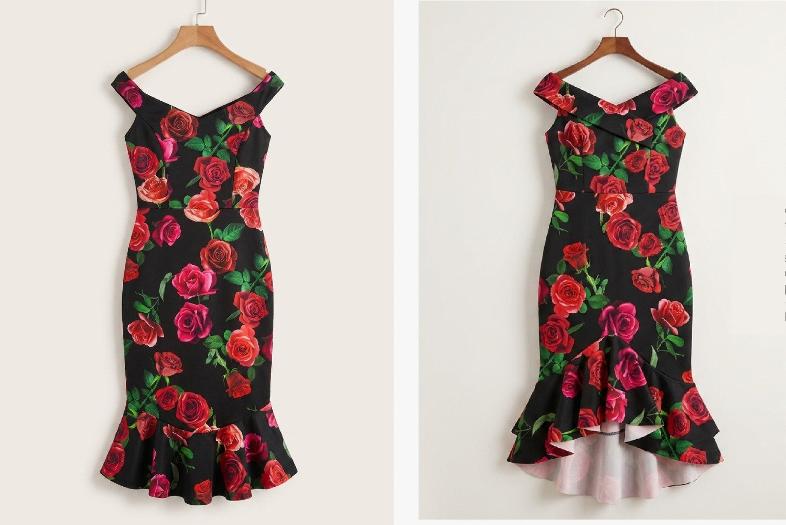Robe de Soirée Moulante à Motifs Roses Rouges – Col Bardot & Bas Volanté
