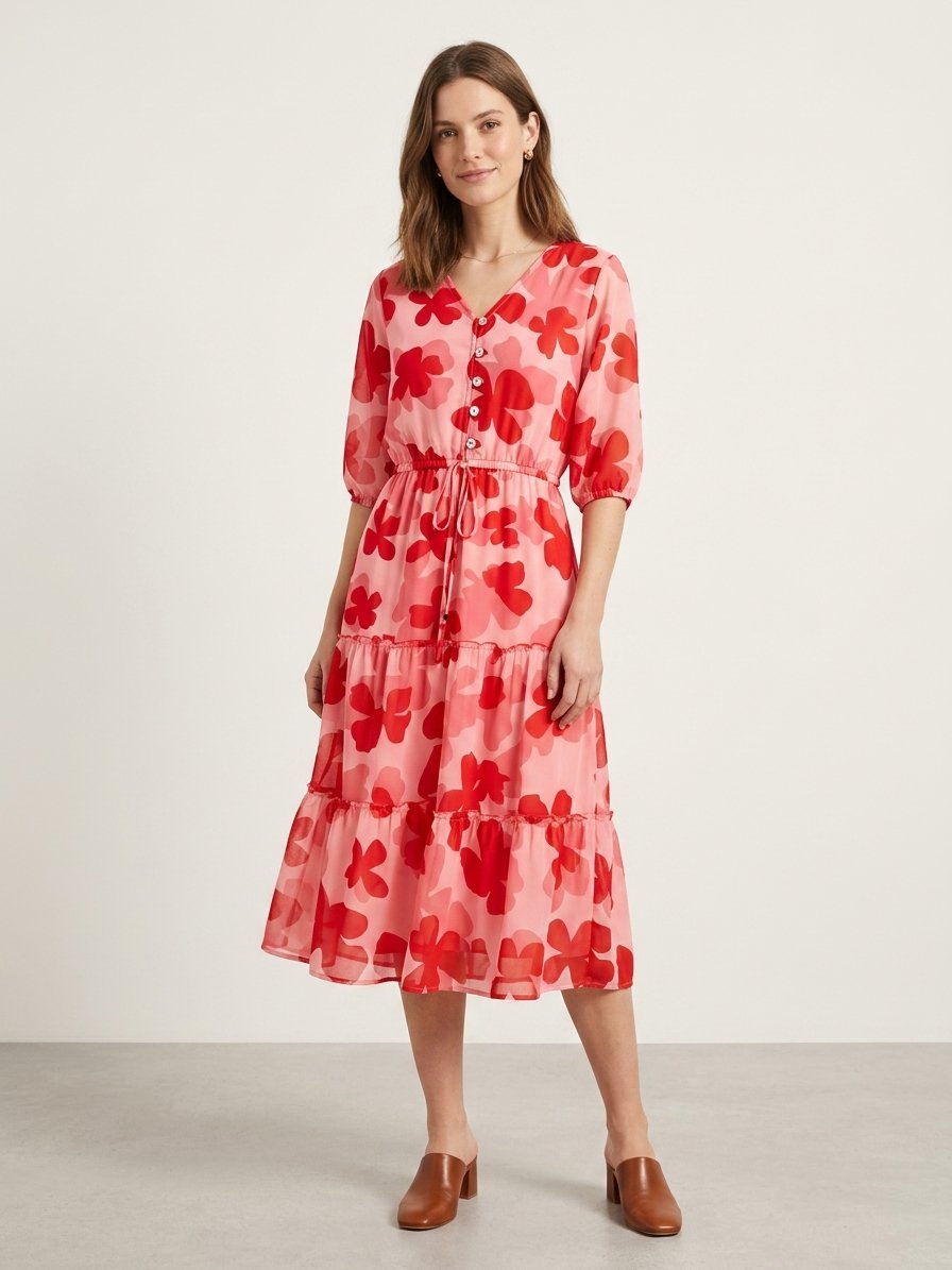 Floral Printed Puff Sleeves Cut-Out Detailed Ruched Fit & Flare Dress