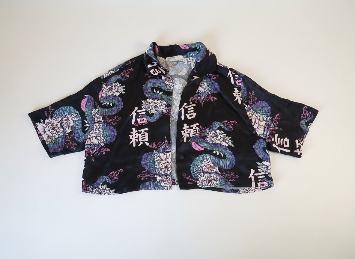 Chemisette courte en satin noir – Motif dragon asiatique Bershka