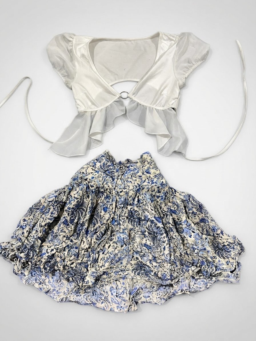 🤍 Lot 2 pièces blanc & bleu  📏 Taille : XS (haut) / S (jupe) 🏷️ État : Peu porté