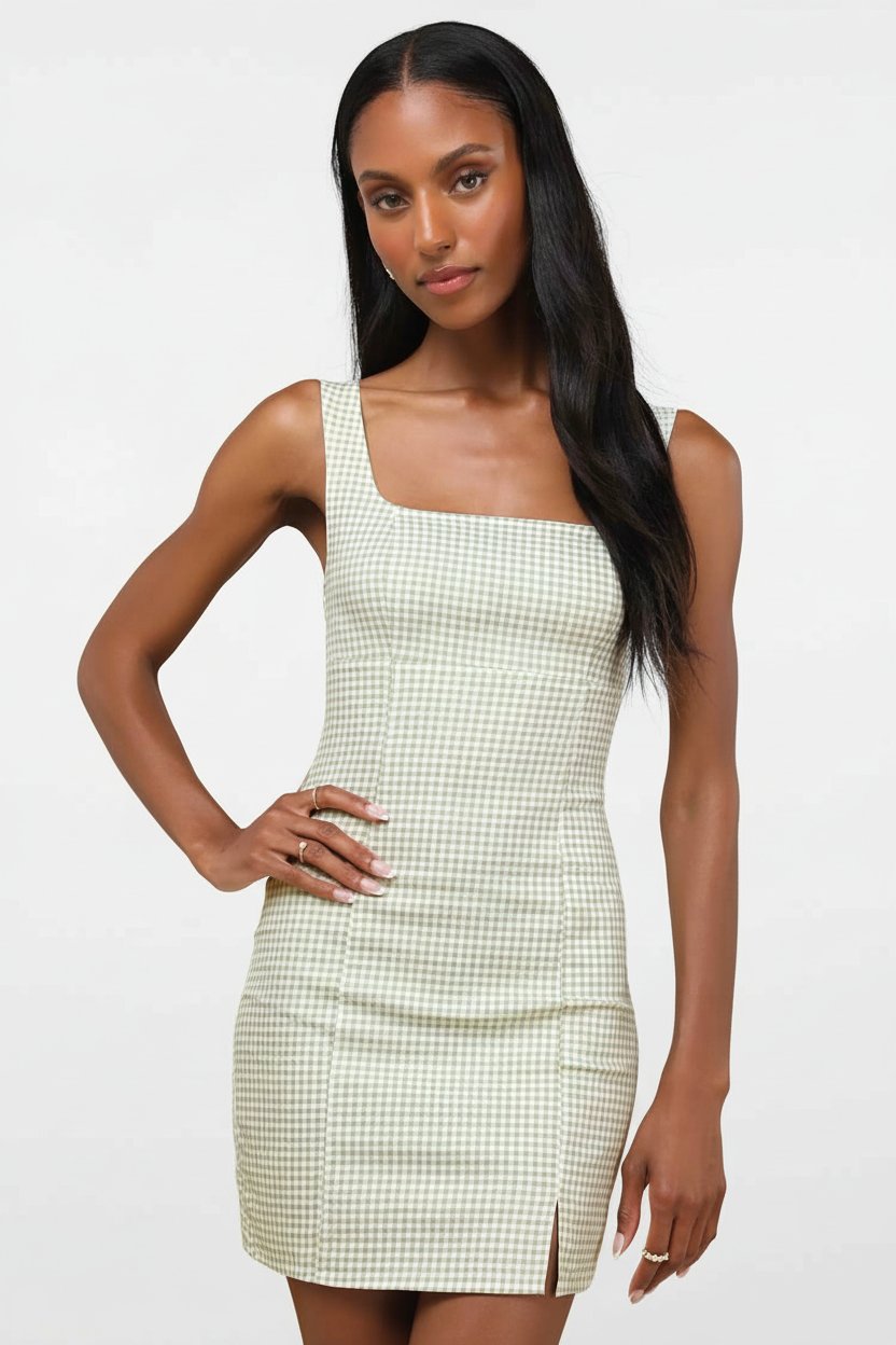 Robe courte à carreaux vichy vert sauge et col carré